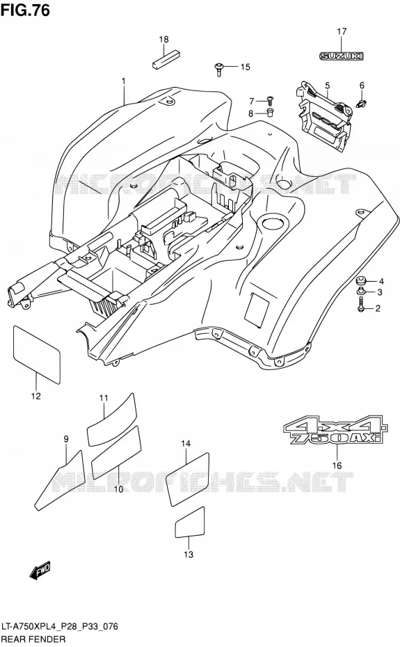 ACHTERSPATBORD (LT-A750XPL4 P33) Suzuki QUAD 750 KINGQUAD 2014  LT-A750XP L4/LT-A750XPZ L4 (P03,P28,P33)