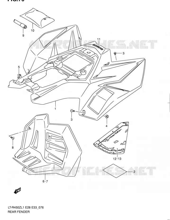 ACHTERSPATBORD (LT-R450L1 E28) Suzuki QUAD 450 QUADRACER 2011  LT-R450 L1/LT-R450Z L1 (E03,E28,E33)