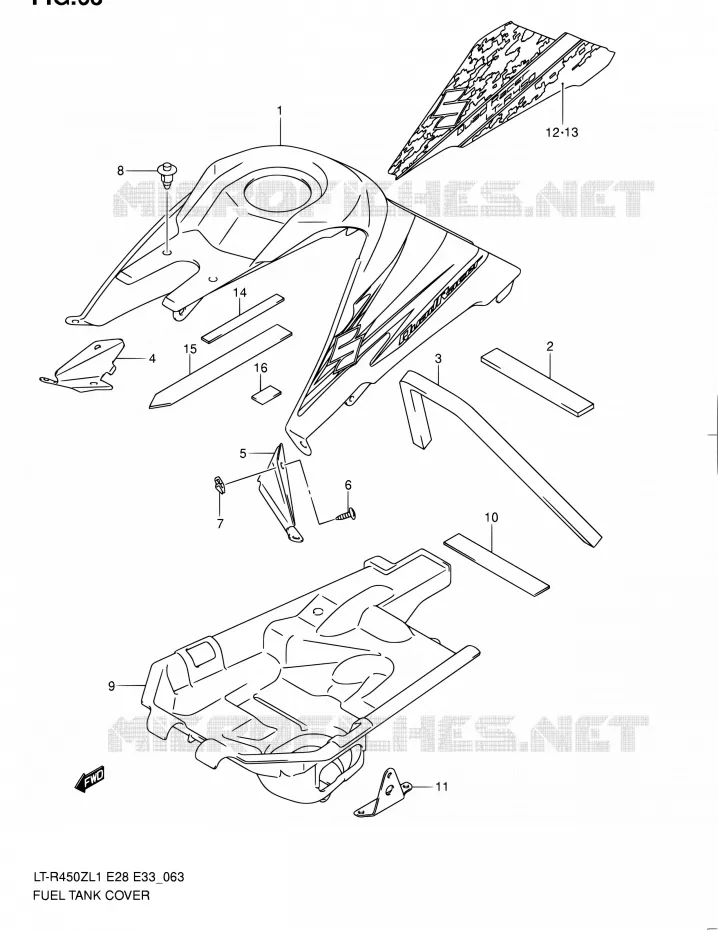FUEL TANK - COVERS (LT-R450L1 E28) Suzuki QUAD 450 QUADRACER 2011  LT-R450 L1/LT-R450Z L1 (E03,E28,E33)