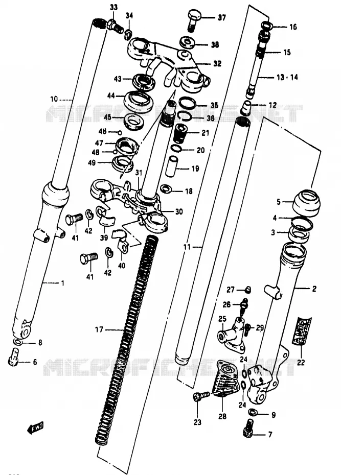VOORVORK (MODELE D ~F.NO.111265) Suzuki MOTO 50 RG 1985  RG50F(D/E/F/1/G/J/K)