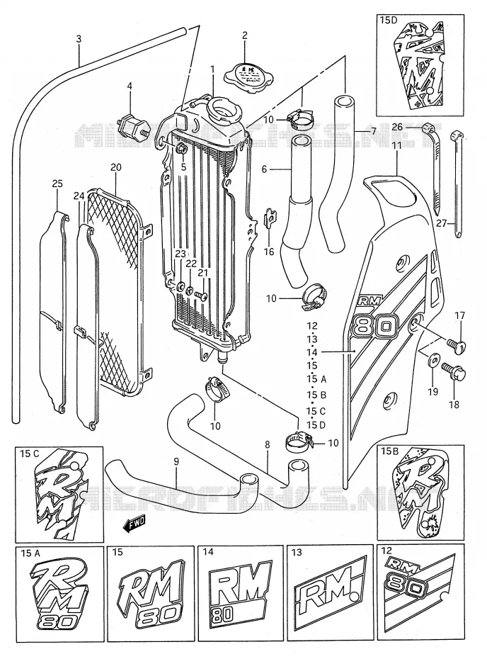 RADIATOR (MODELE G/H/J/K/L/M/N/P) Suzuki MOTO 80 RM 1987  RM80H(E28)