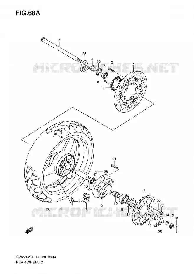 ACHTERWIEL (SV650AK7/SAK7) Suzuki MOTO 650 SV 2007  SV650K7/SK7(E3/E28)
