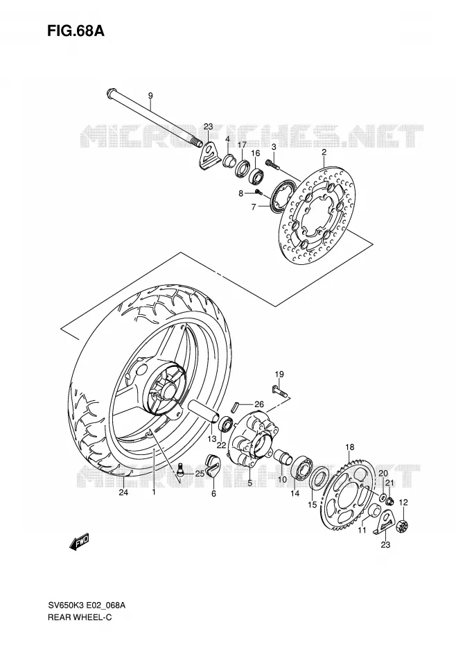 ACHTERWIEL (SV650AK7/UAK7/SAK7/SUAK7) Suzuki MOTO 650 SV 2003  SV650UK3(E2)