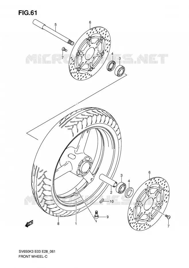 VOORWIEL (SV650K3/SK3/K4/SK4/K5/SK5/K6/SK6/K7/SK7) Suzuki MOTO 650 SV 2007  SV650K7/SK7(E3/E28)