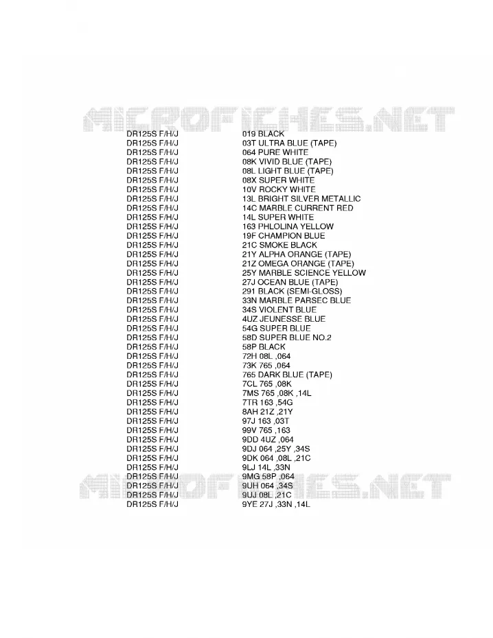 * CHARTE COULEUR * Suzuki MOTO 125 DR 1985  DR125SF(F/H/J)