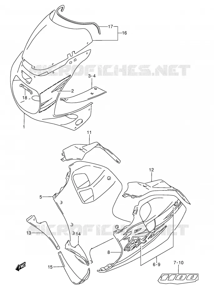 KUIP - ETIKETTEN (MODELE R 33J) Suzuki MOTO 1100 GSX-R 1996  GSX-R1100WSKT(E28)