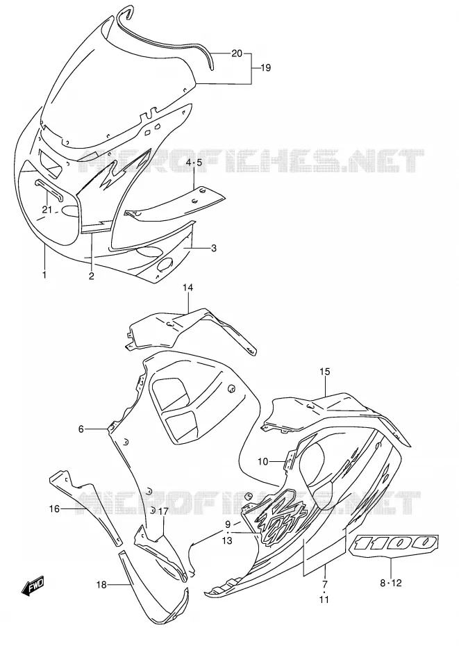 KUIP - ETIKETTEN (MODELE P 17U) Suzuki MOTO 1100 GSX-R 1998  GSX-R1100WW(E28)