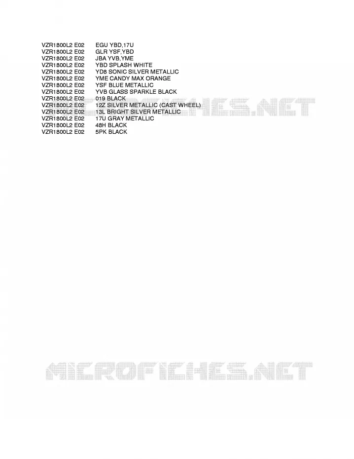 * CHARTE COULEUR * Suzuki MOTO 1800 INTRUDER 2012  VZR1800ZL2(E02)