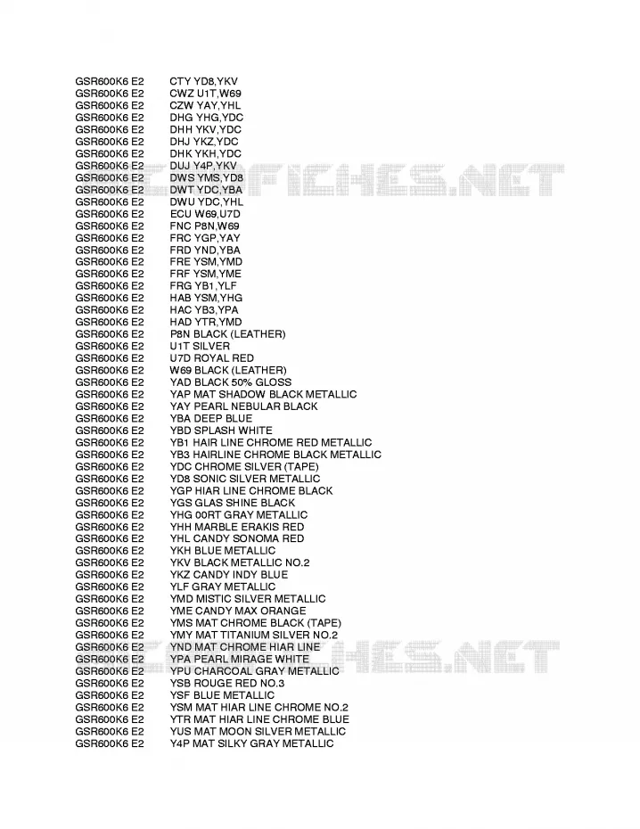 * CHARTE COULEUR * Suzuki MOTO 600 GSR 2010  GSR600AL0(E2)