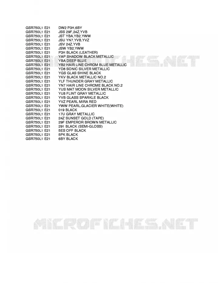 * CHARTE COULEUR * Suzuki MOTO 750 GSR 2011  GSR750UEL1(E21)