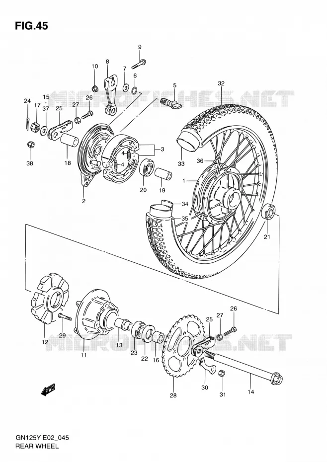 ACHTERWIEL (GN125V/W/X/Y/K1) Suzuki MOTO 125 GN 1998  GN125 W/GN125E W/GN125U W